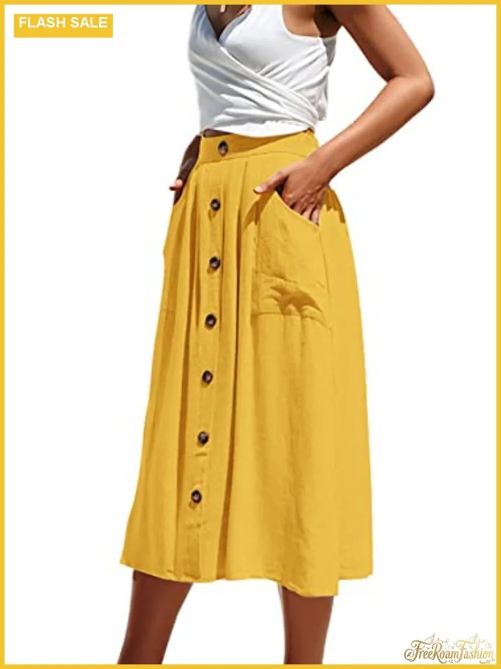 Women's A-Line Midi Skirt with Pockets | High Waisted Button Front | No Stretch